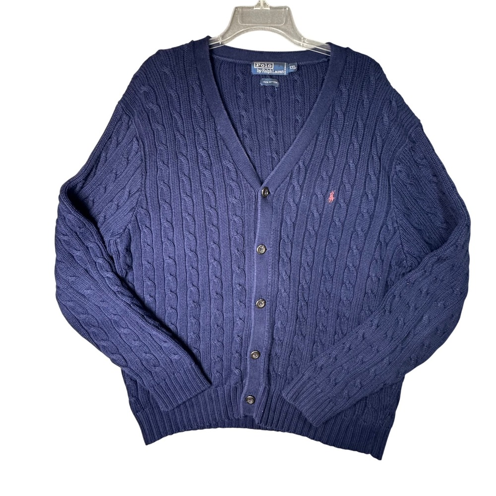 Polo Ralph Lauren Chunky Cable Knit Cardigan Sweater Preppy XXL Navy Blue Cozy